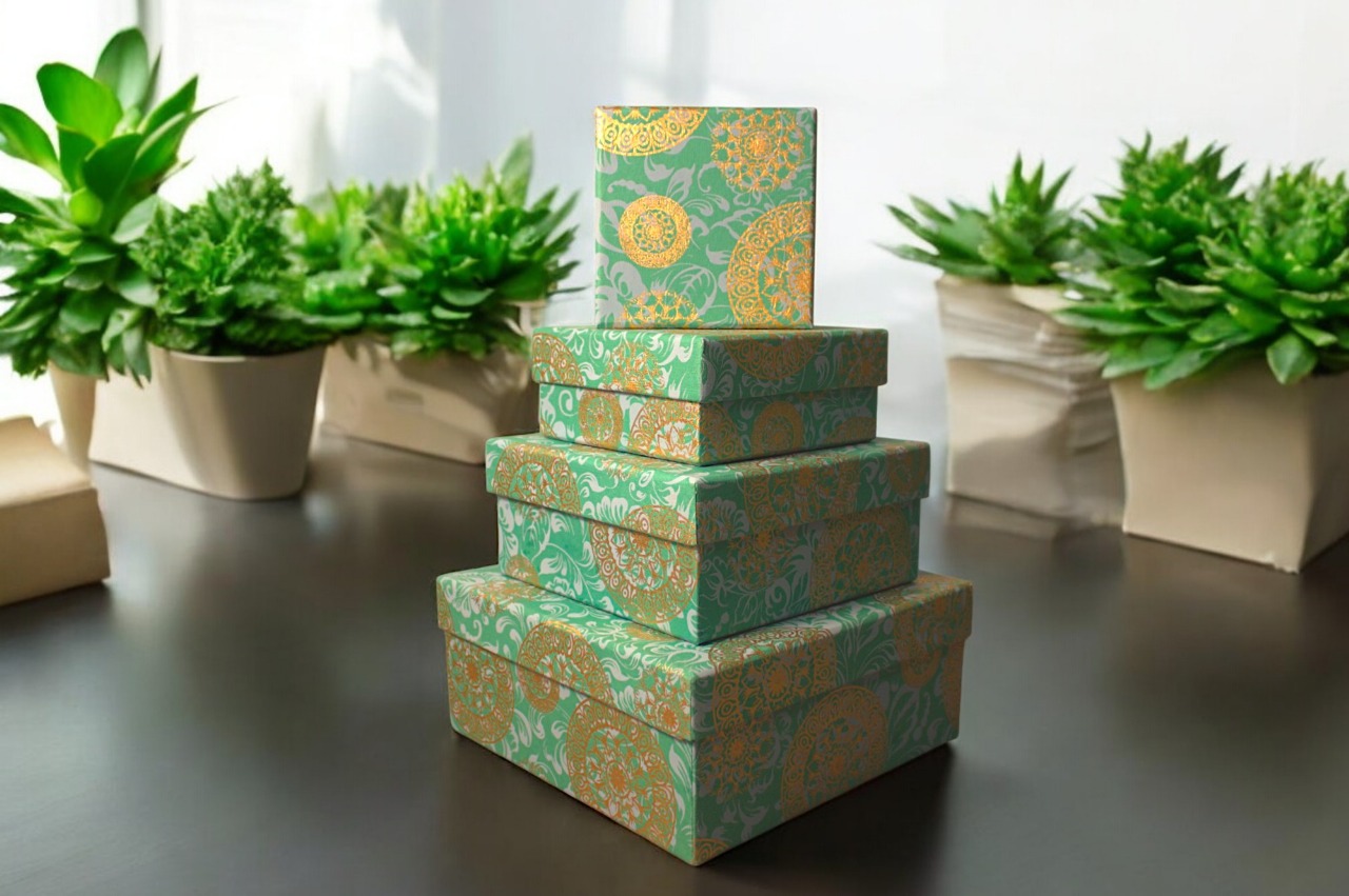 Premium Handmade Square Box – Teal Medallion (sold as set of 4)