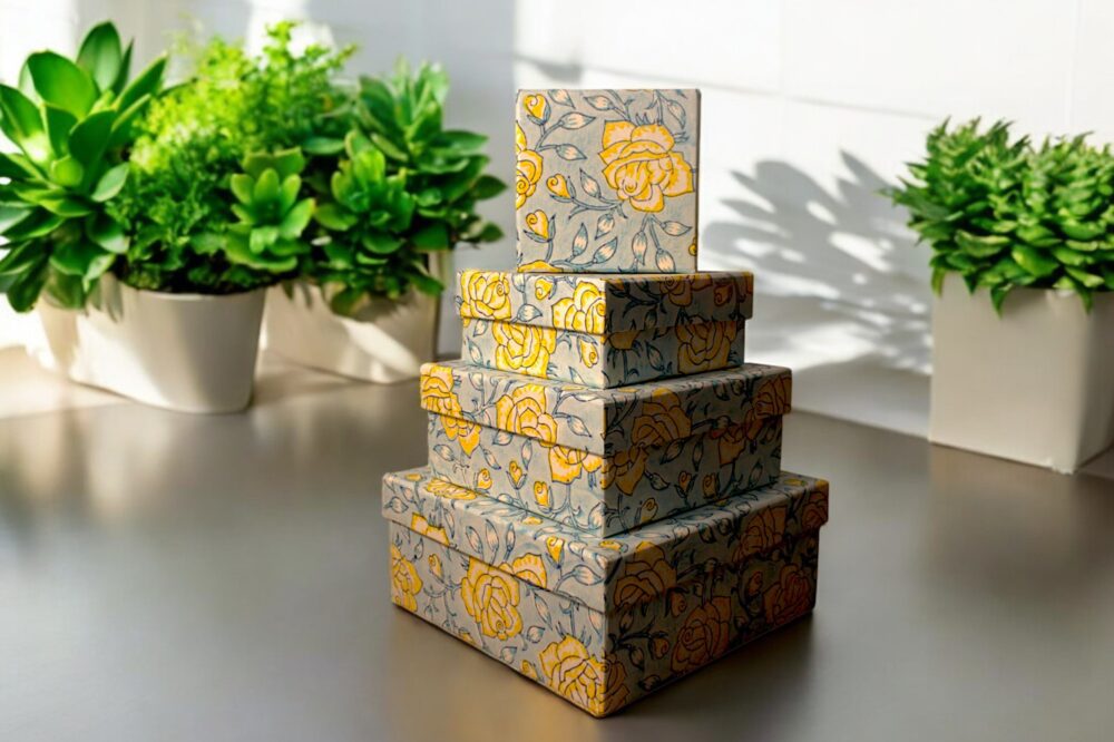 Premium Handmade Square Box – Fleur Yellow & Blue (sold as set of 4)