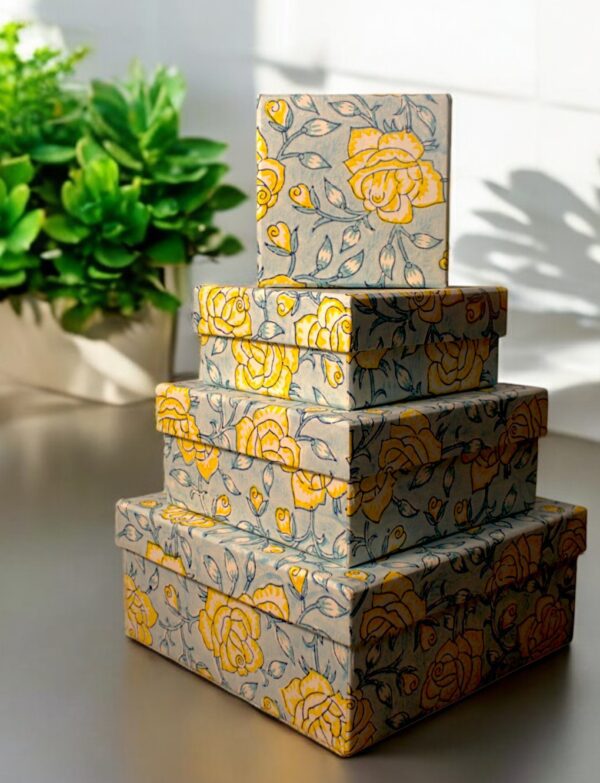 Premium Handmade Square Box – Fleur Yellow & Blue (sold as set of 4)