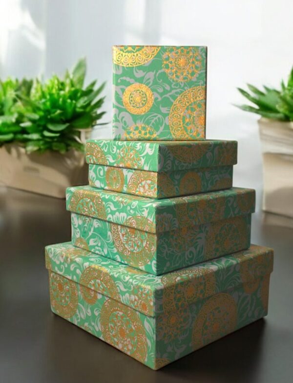 Premium Handmade Square Box – Teal Medallion (sold as set of 4)